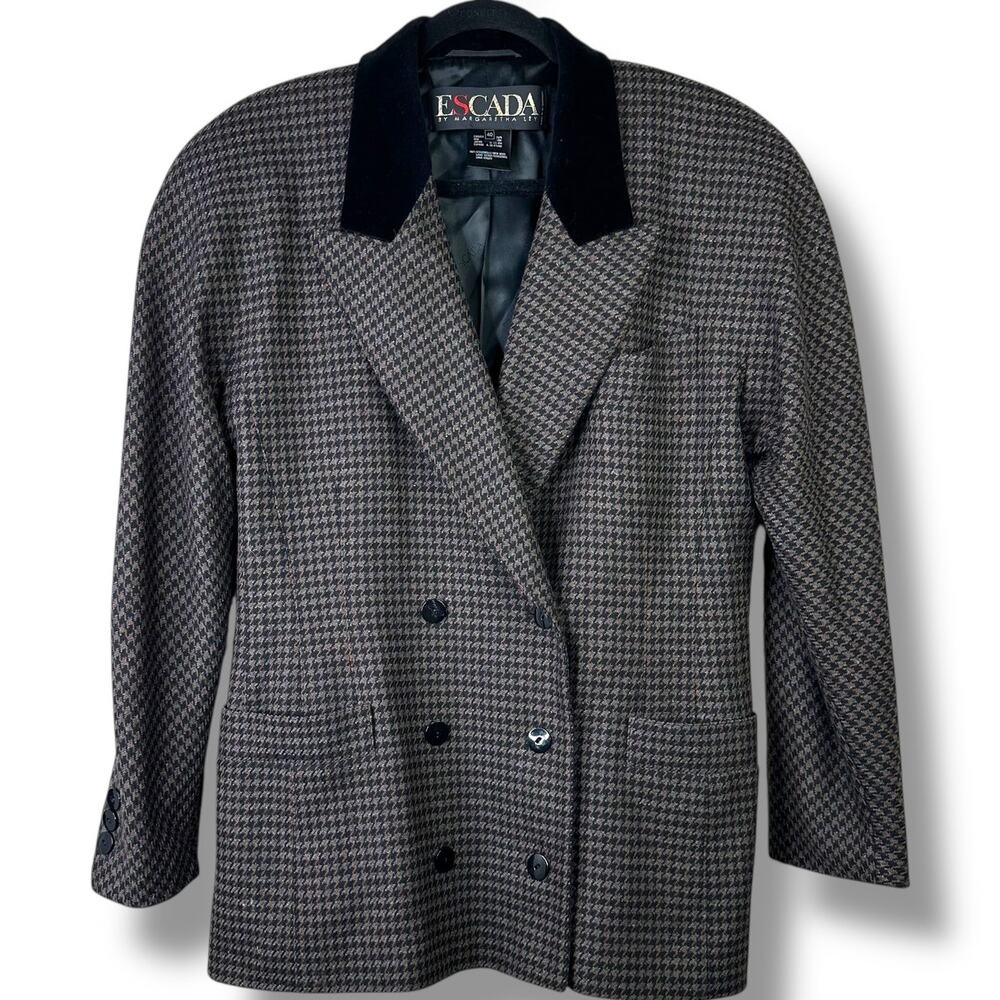 ESCADA German Luxury Black Vintage Wool Houndstooth Velvet Trim Blazer Size 40